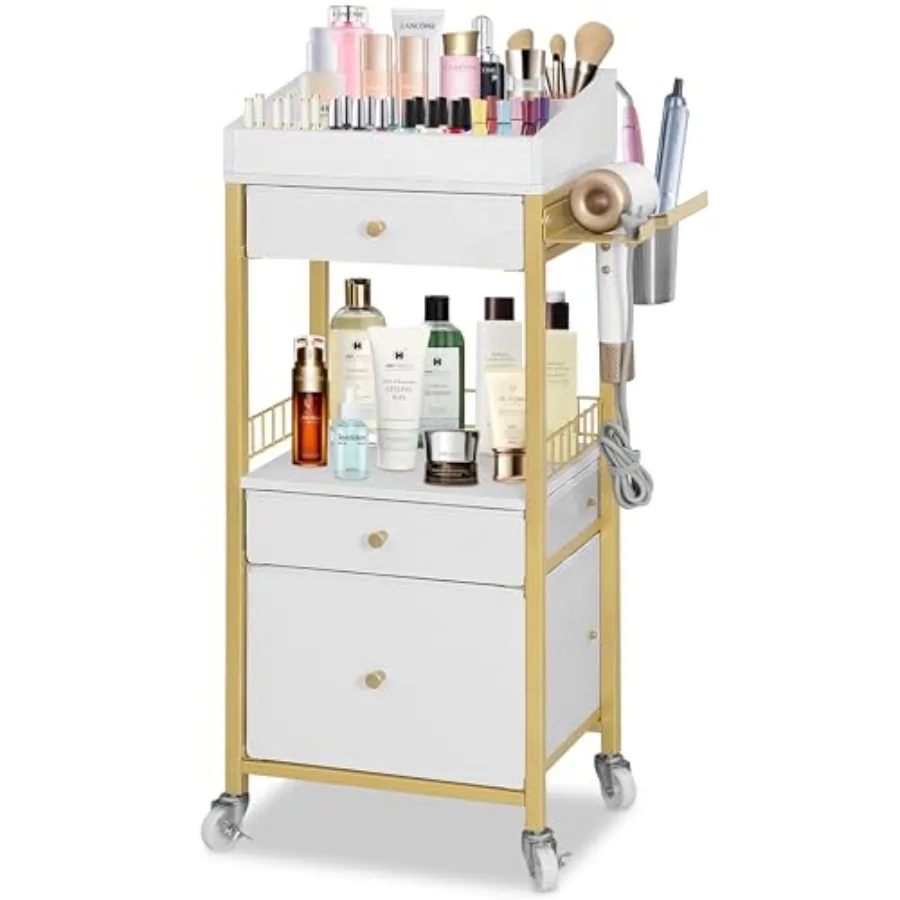 

Makeup Organizer Cart with 3 Drawers Rolling Vanity Organizer with Adjustable Dividers Detachable Hair Tool Holder Lockable Whe