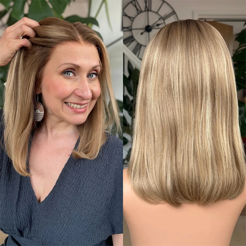 Short Straight Bob Ombre Golden Blonde with Brown Streaks Synthetic HD Lace Front Wig Preplucked Hairline Heat Resistant Fiber