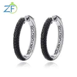 GZ ZONGFA Authentic 925 Sterling Silver Hoop Earrings for Women Natural Black Spinel Rhodium Plated Black Earring Fine Jewelry