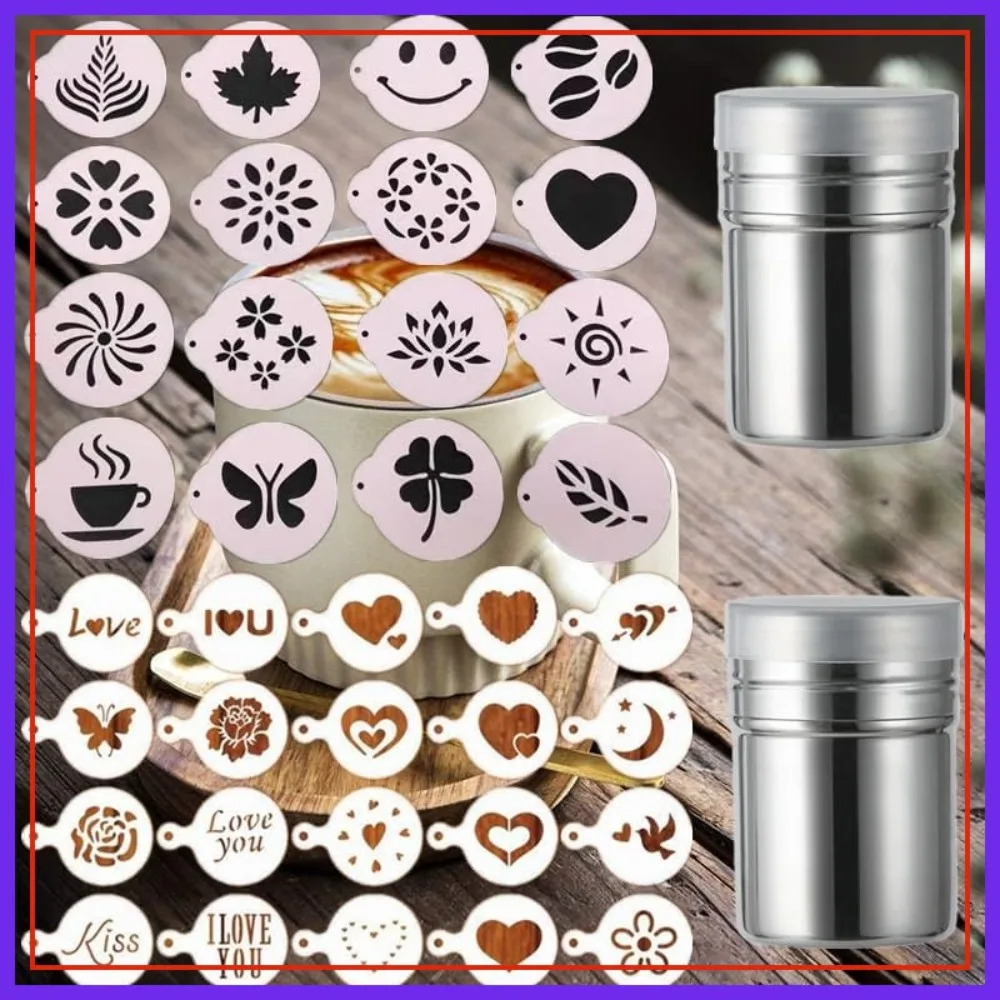 

36 Coffee Stencils + 2 Mesh Powder Shakers, Cake Baking Templates, Coffee Art Stencils for Cappuccino, Christmas Thanksgiving Decor