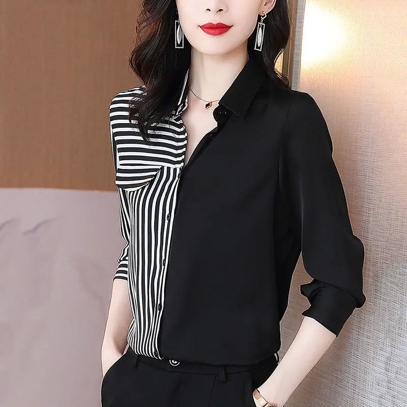 Fashion Printed Striped Spliced Long Sleeve Oversized Button Shirt 2022 Autumn New Casual Tops Loose Elegant Office Lady Blouse