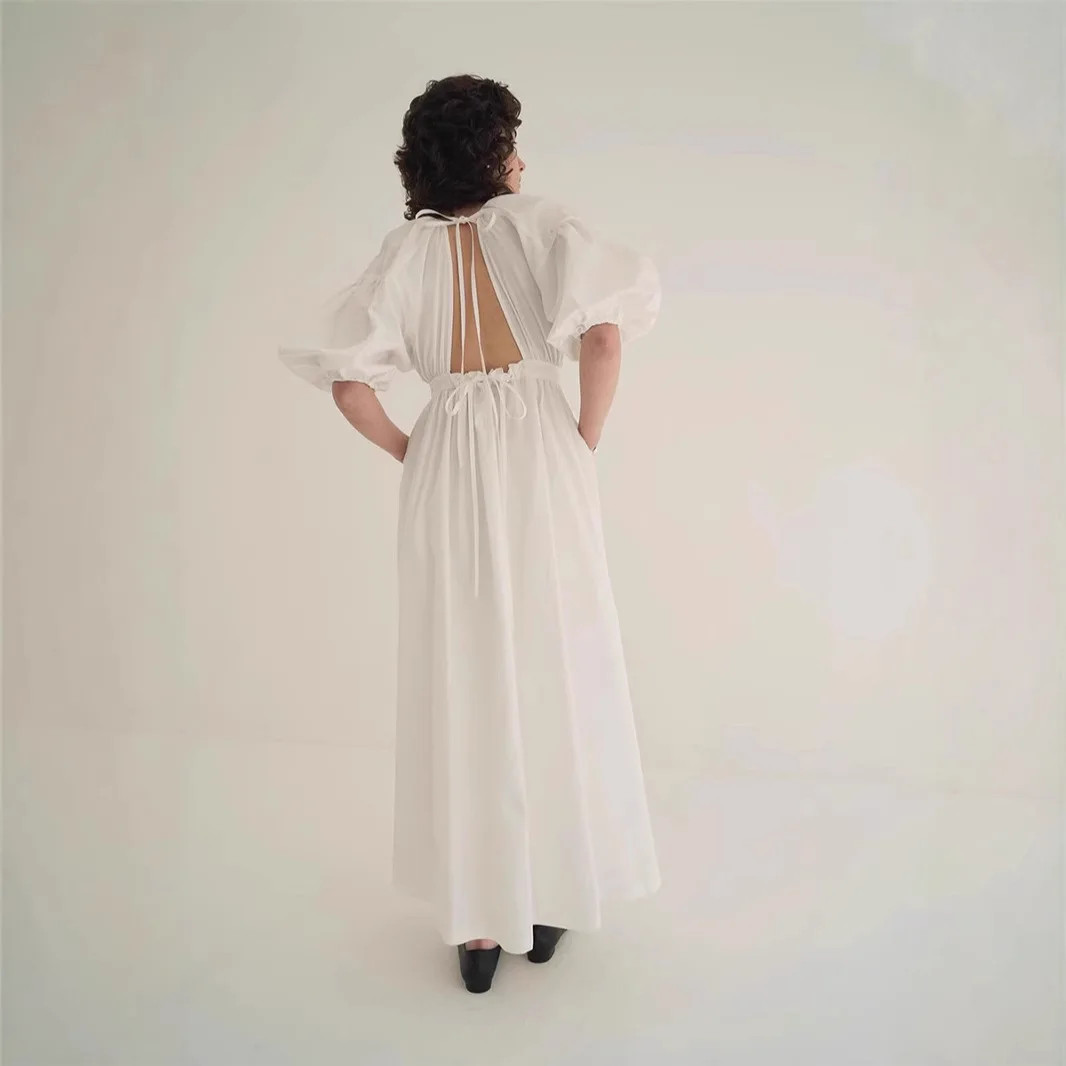 

Gagarich Japanese Fashion Style Backless Design, Loose and Casual Long Lantern Sleeve Dress Back Lace Up Lazy Long Dresses