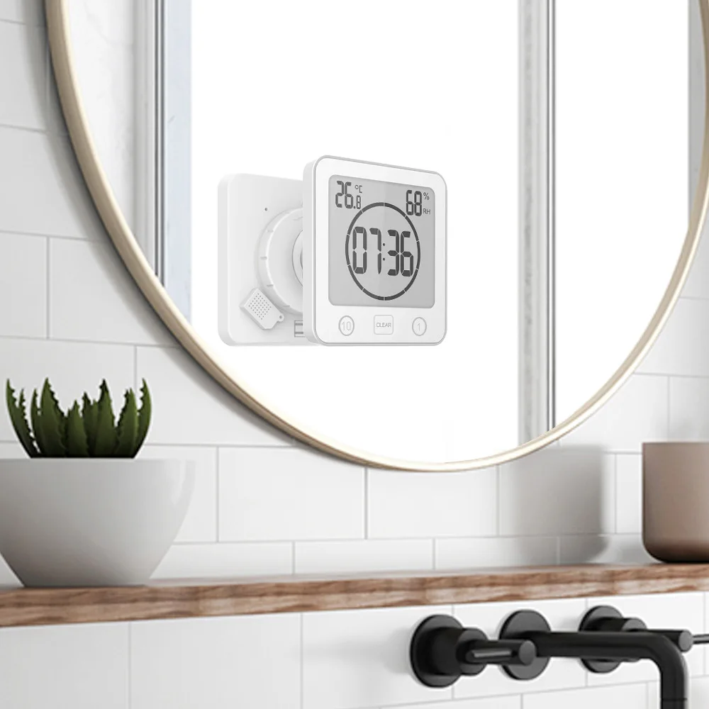 1/10 Minute Waterproof Bathroom Clock Wall Clock Hygrometer with Suction Cup Kitchen Countdown Timer