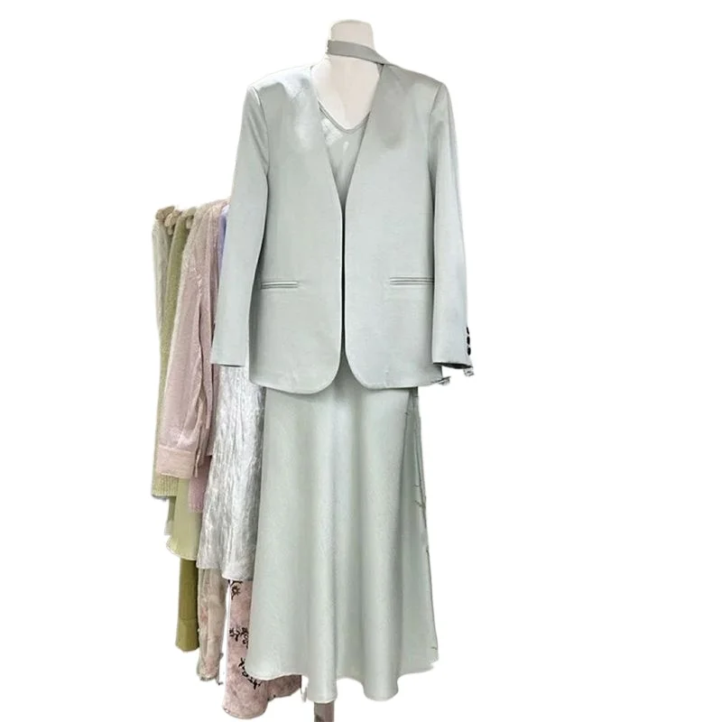 Elegantes Pendler-Langarm-Kleiderset für Frühling und Herbst, Neues Koreanisches Blazer-Kleid-Set, Hochwertiges Damen-Sommerkleid Zweiteilig