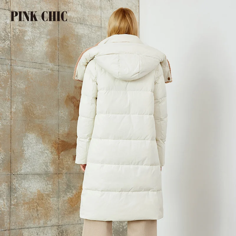 PINK CHIC 2023 New Winter Coat Women Down Jackets High Quality  Fur Collar Warm  Hooded Long version Parka Female W6607