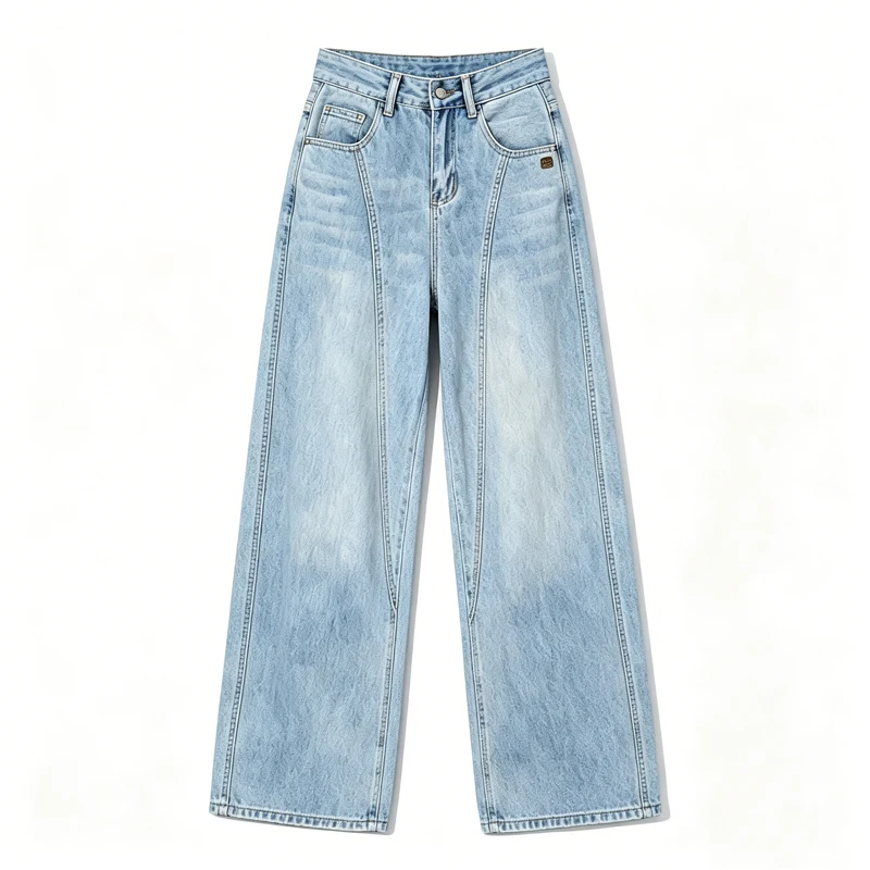 Summer 2026 High Waist Vintage Denim Jeans Women's Split Seam Soft Draped Floor Length Loose Wide Leg Pants