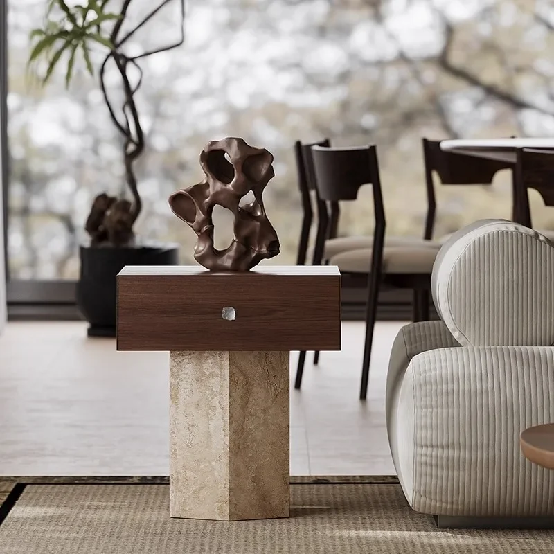 Small Apartment Art Decoration Living Room Table Retro Wabi-Sabi Style Cave Stone Material Storage Cabinet Bedroom Bedside Table