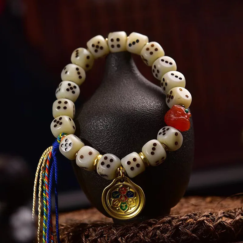 

Natural Camel Bone Carving Dice Single-Wrap Tibetan Retro Men's and Women's Ethnic Style Amusement Article Bracelet Orn