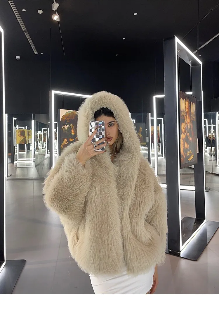 women's fur coat imitation fur solid color faux fur female loose hooded coat winter artificial fur jacket