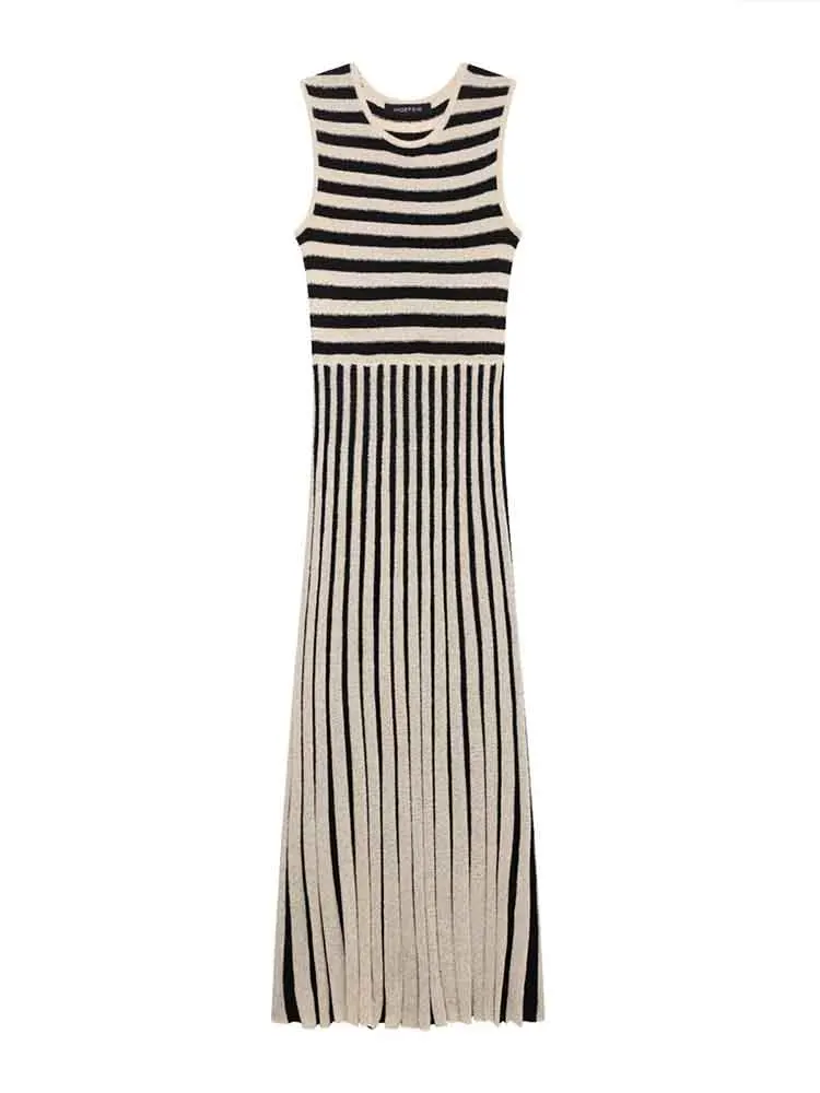 

European style new women's fashion versatile temperament simple striped round neck sleeveless midi dress