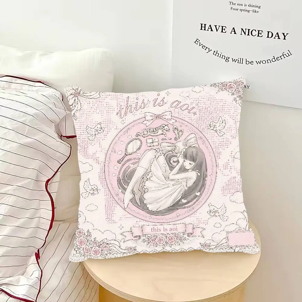 Kawaii Vintage Lolita Girl Pillow Cover Pink Line Art Lace Rose Bow Dove Floral Cushion Case for Sofa Girls Room Decor
