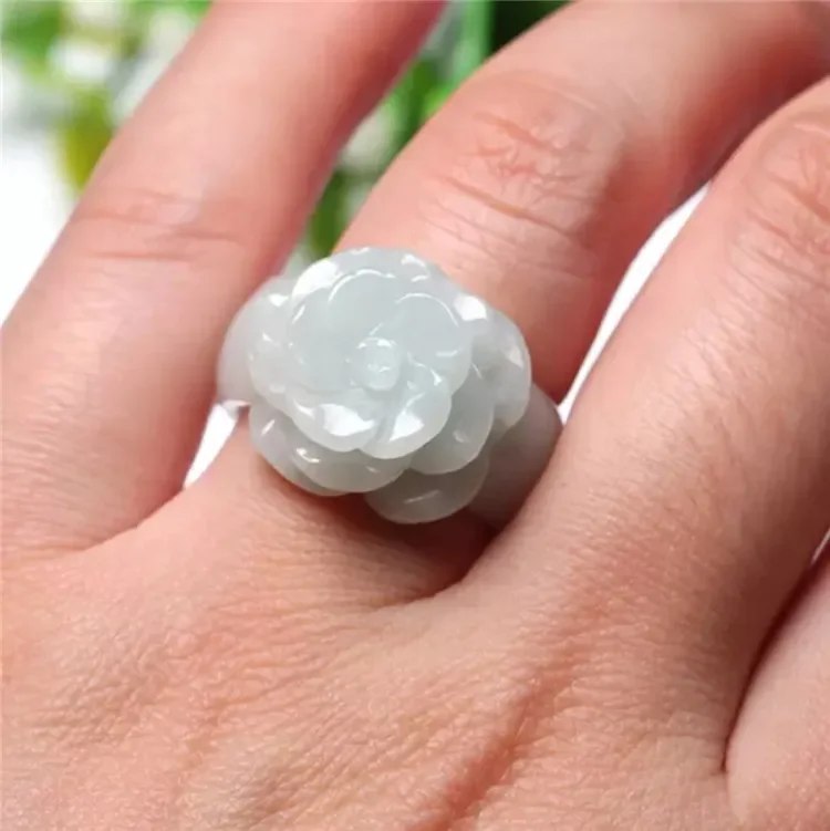 Natural Jade Ring Rose Women's Jewelry Real Myanmar Jade Handring Boutique Accessories Bring Good Luck Summer Cooling Wear