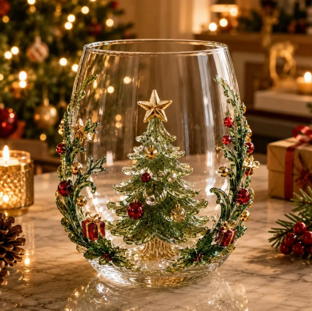 2027 Christmas Wine Glasses Single & 6Pcs Gift Box Set,Christmas Stocking Tree Wreath Goblet for Christmas Party Decoration