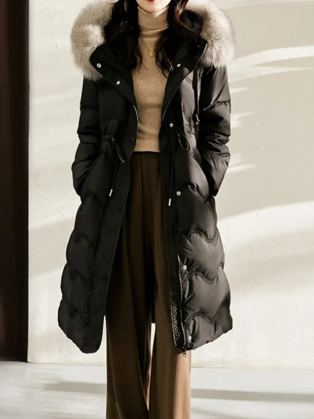 

Women's Detachable Fox Fur Collar Premium Winter Warm Down Coat Waist-collar 2025 New Long Hooded Loose Women's Coat