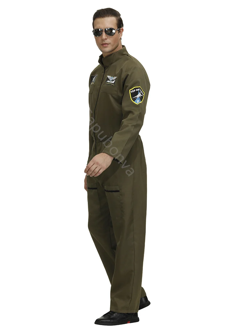 Men\'s Flight Suit Costume Military Fighter Pilot Jumpsuit Halloween Costume Cosplay One Piece Overalls ArmyGreen