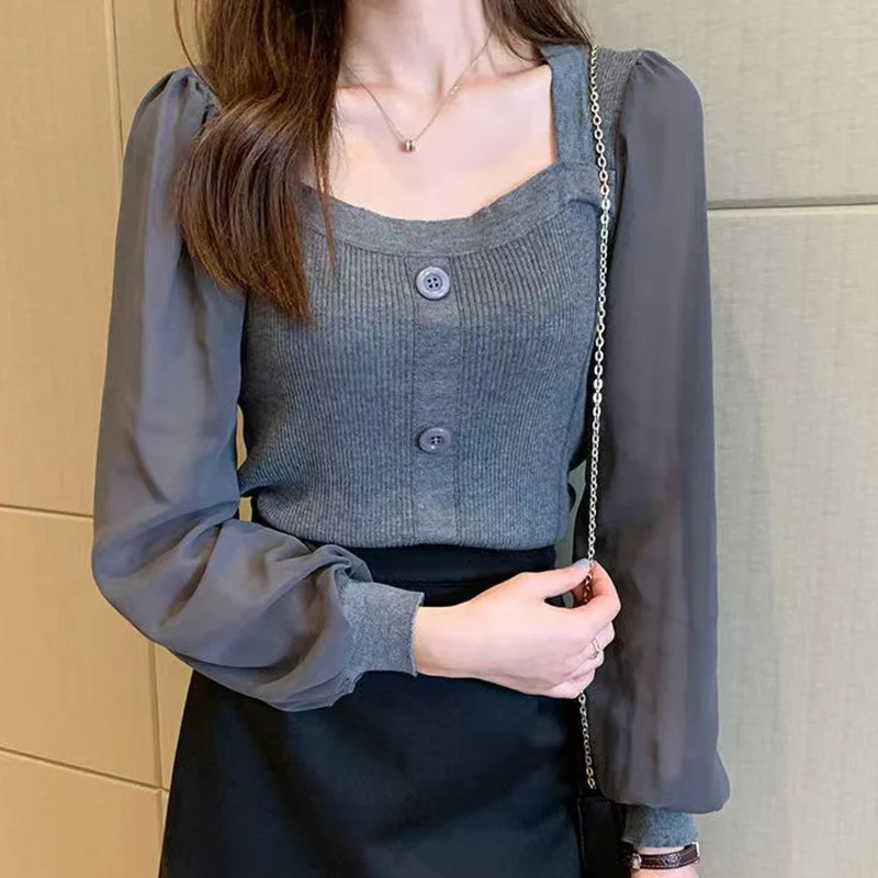 Women\'s Square Collar Solid Color Shirt Spring Autumn Knitted Patchwork Button Chiffion Long Sleeve Pullover Office Lady Blouse