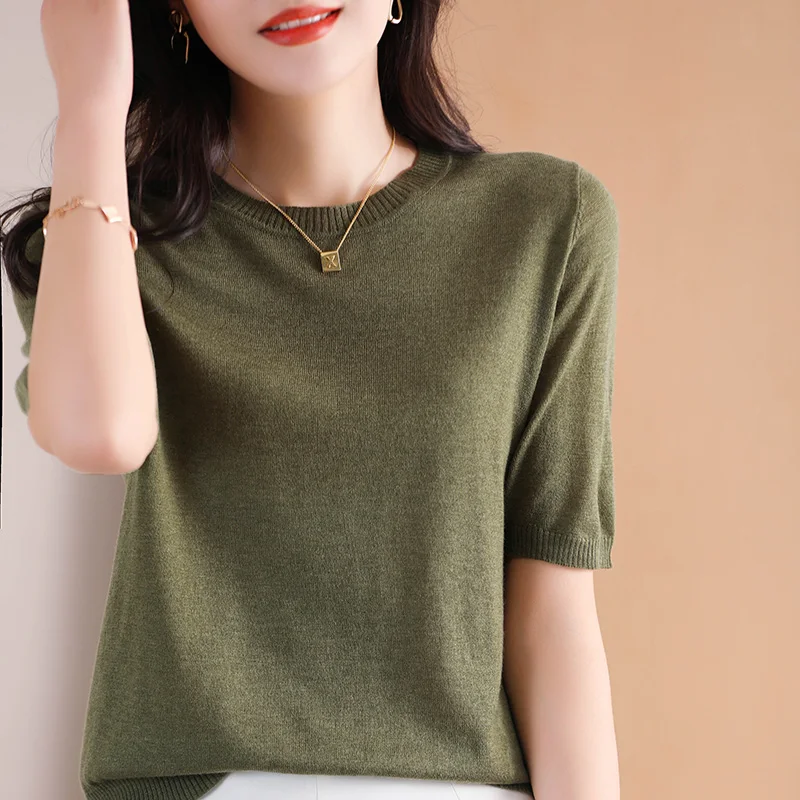 Damska koszulka z krótkim rękawem z okrągłym dekoltem, 100% czystej wełny, z krótkim rękawem, letni sweter z wysokim stanem, proste topy Joker
