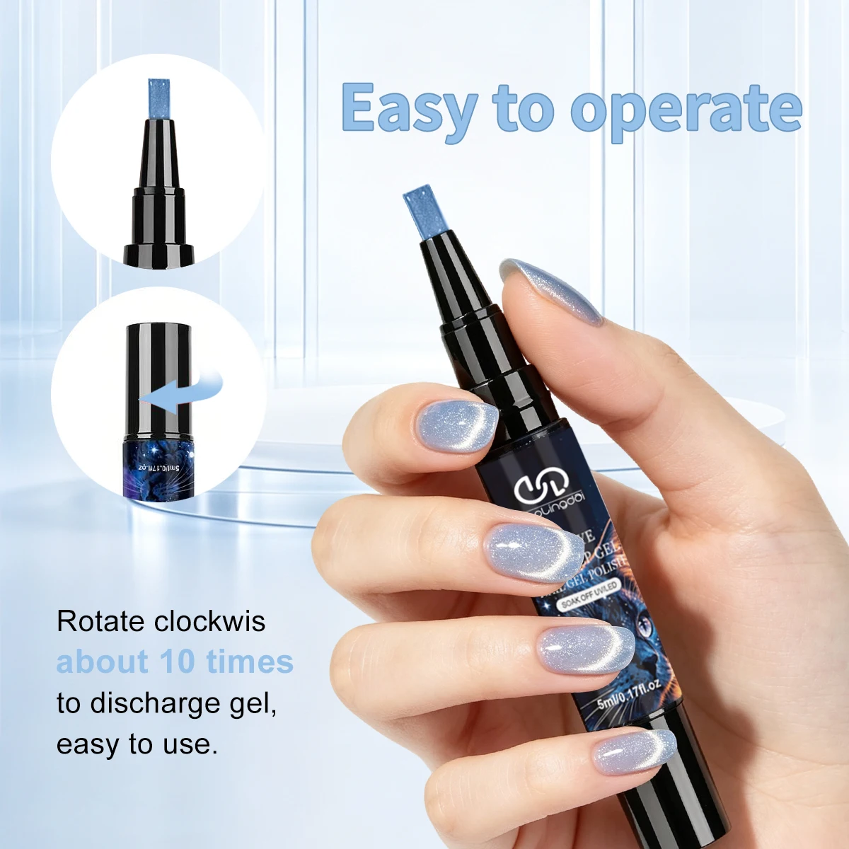 Ice Light Blue Galaxy Cat Eye One Step Nail Gel Pen, 3 in 1 Soak Off UV LED Magnetic Nail Gel Polish, No Base & Top Coat