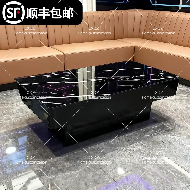 Modern Coffee Table with Rock Slab Marble Top Luminous LED Light for KTV Club Bar Lounge Living Room Sofa Side End Table