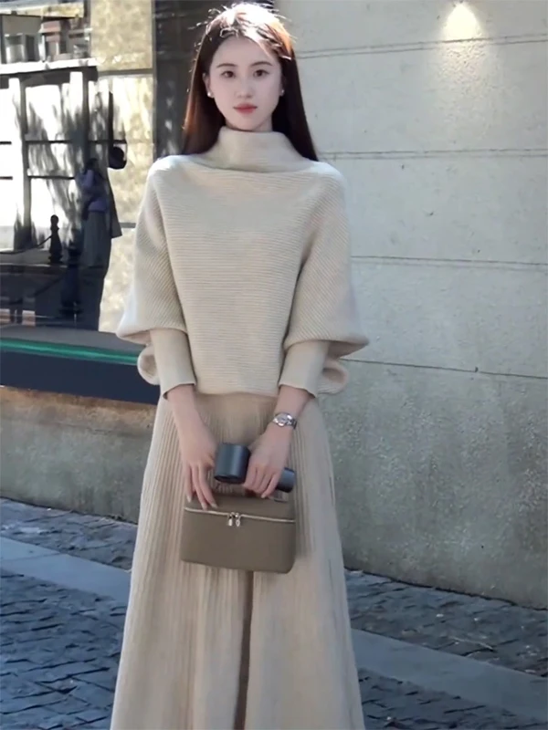 

Korean Sle Warmth Knitted Set Women's High-End Feeling Apricot Long Sve Sweater And Midi Skirt Comfortable And Sli O...