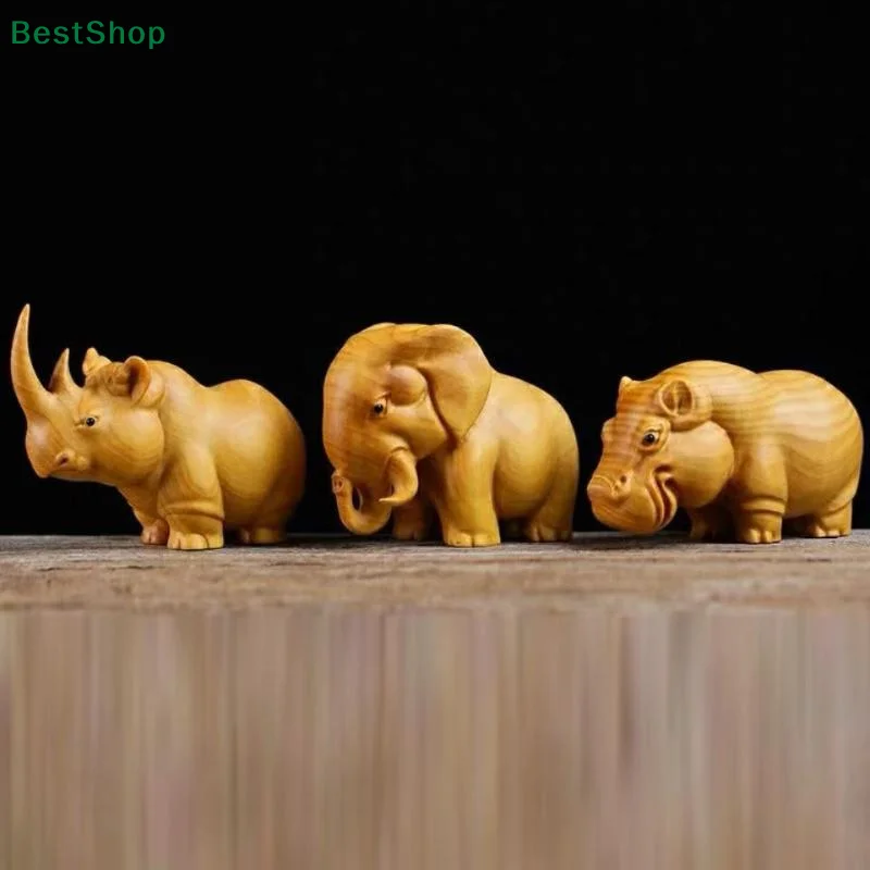 Wooden Carved African Trio:Rhinoceros,Hippopotamus,And Elephant Figurines,Creative Car And Home Decor Crafts