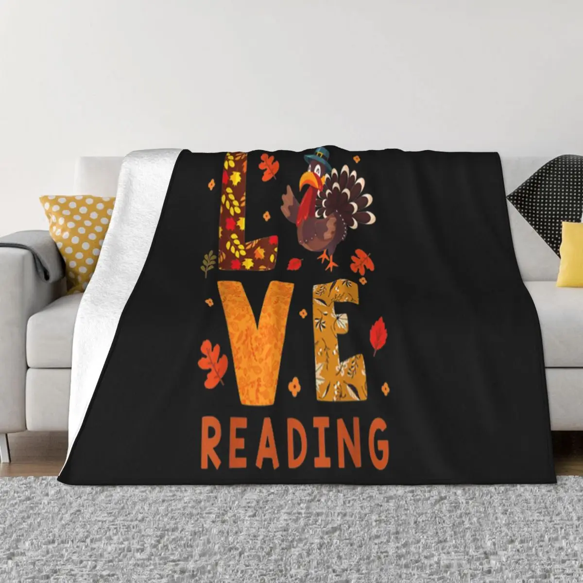 Premium Love Reading Turkey Autumn Fall Thanksgiving Unique Present Holiday Farmhouse Movie Throw Blanket