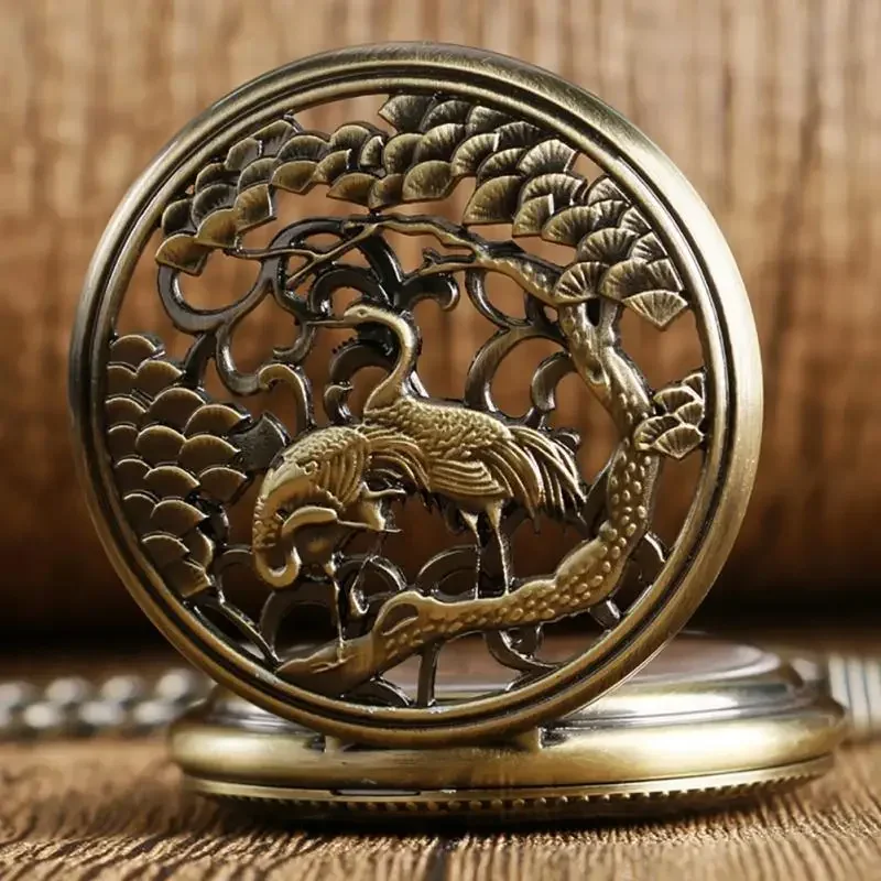 

Bronze Hollow Double Crane Handwinding Mechanical Pocket Watch Men Pendant Chain Clock Men Women Cool Gift Relogio De Bolso