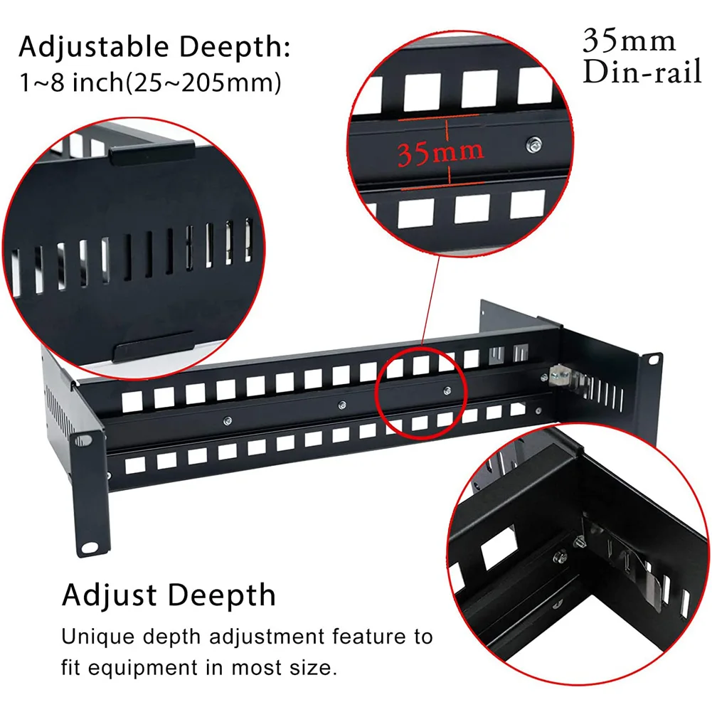 19 Inch Rack Mount Din Rail Kit 35mm Din-Rail Terminal Blocks Depth Adjustable Bracket Shelf Rackmount Panel in Cabinet