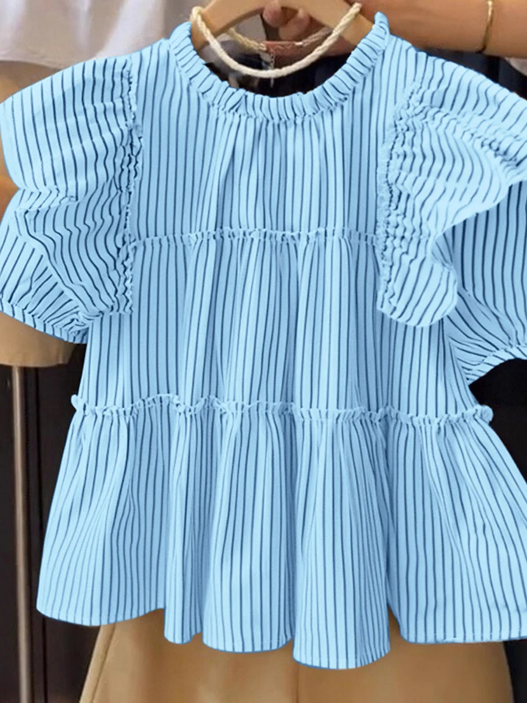 

ZANZEA Ruffled Blouse Women Summer Short Sleeve Striped Tops 2025 Fashion Casual Loose Blusas Femininas Vintage Print Shirts