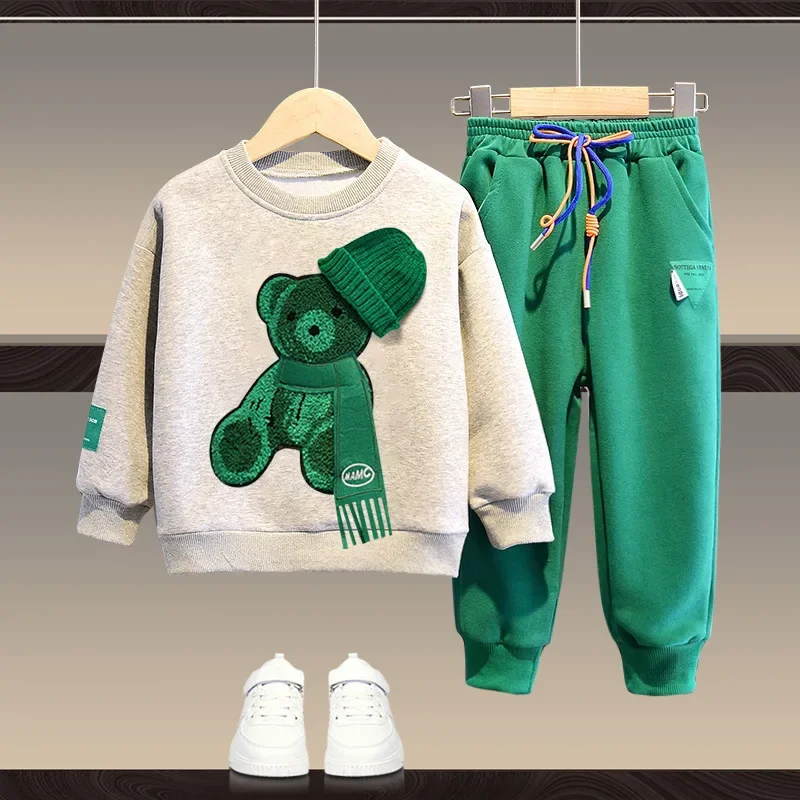 Conjunto de ropa de otoño para bebé, niña y niño, sudadera deportiva con oso de dibujos animados, Top y pantalones con botones, traje de dos piezas,