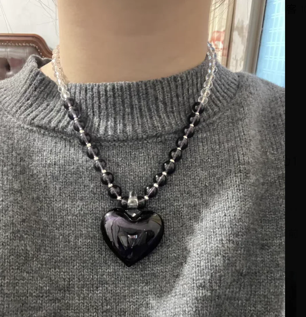 New Vintage Handmade Murano Lampwork Glass Dark Purple Heart Liuli  Pendant With Beads Chain Necklace Jewelry
