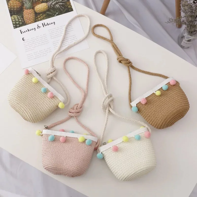 Sac à main en paille fait à la main pour enfants, sac à fleurs pour filles, sac messager pour bébé, porte-monnaie pour enfants, mini sac à main princesse mignon, été