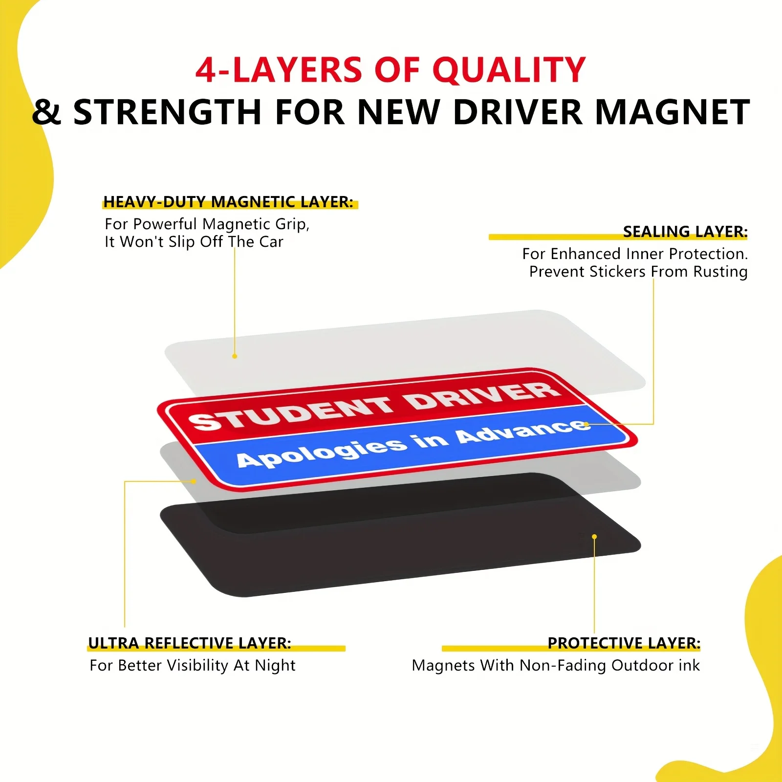 1 個の学生ドライバーマグネット、車用、学生ドライバーはお待ちください、磁気反射性の初心者ドライバーバンパーステッカー