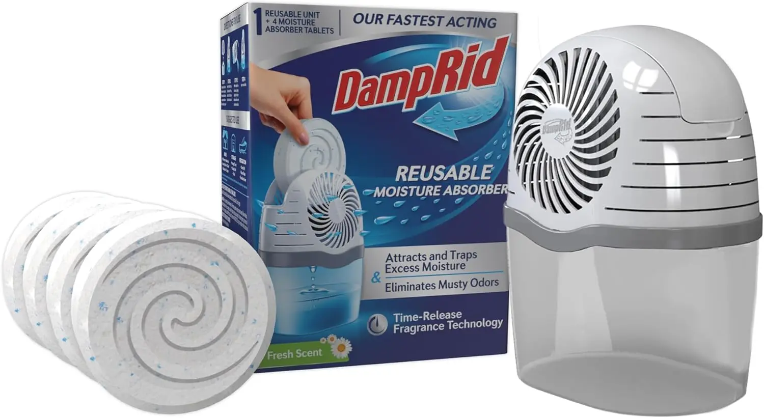 

Reusable Moisture Absorber with 4 Drop-In Tablets, Fresh Scent, 15.8 oz., Attract and Trap Excess Moisture & Eliminate Musty Odo