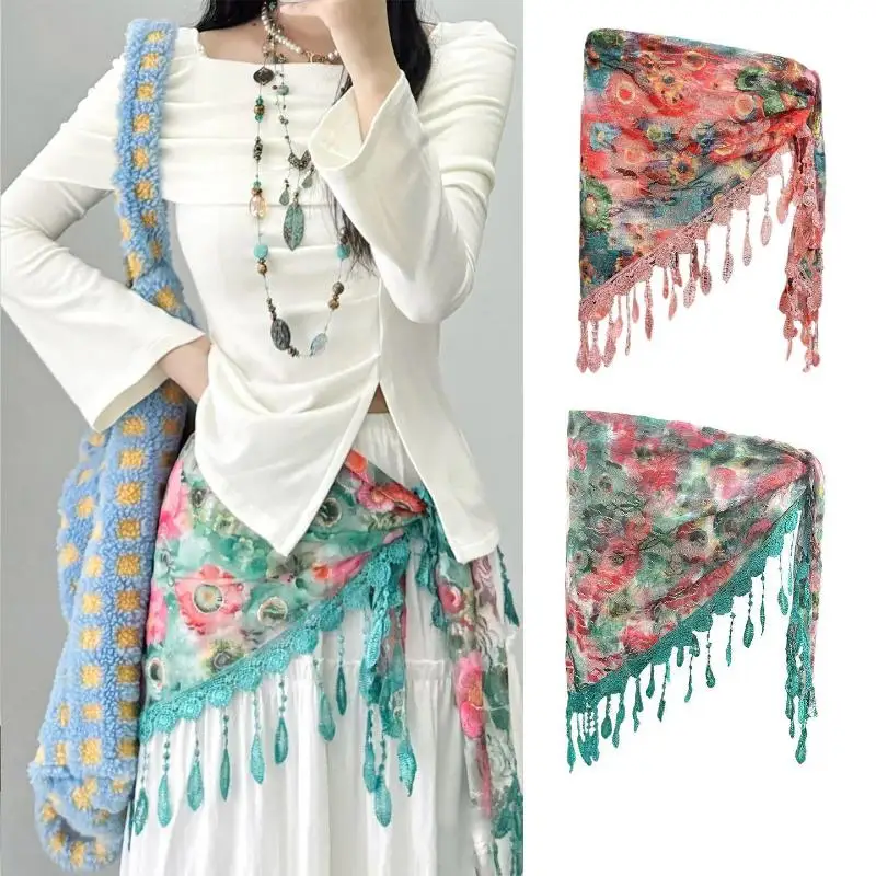 Boho-Quasten-Dreieckstuch Vintage-Blumendruck-Spitzen-Taillenwickelrock Damen-Quasten-Fransen-Schal Strandkopftuch Taillengürtel – Detail 2