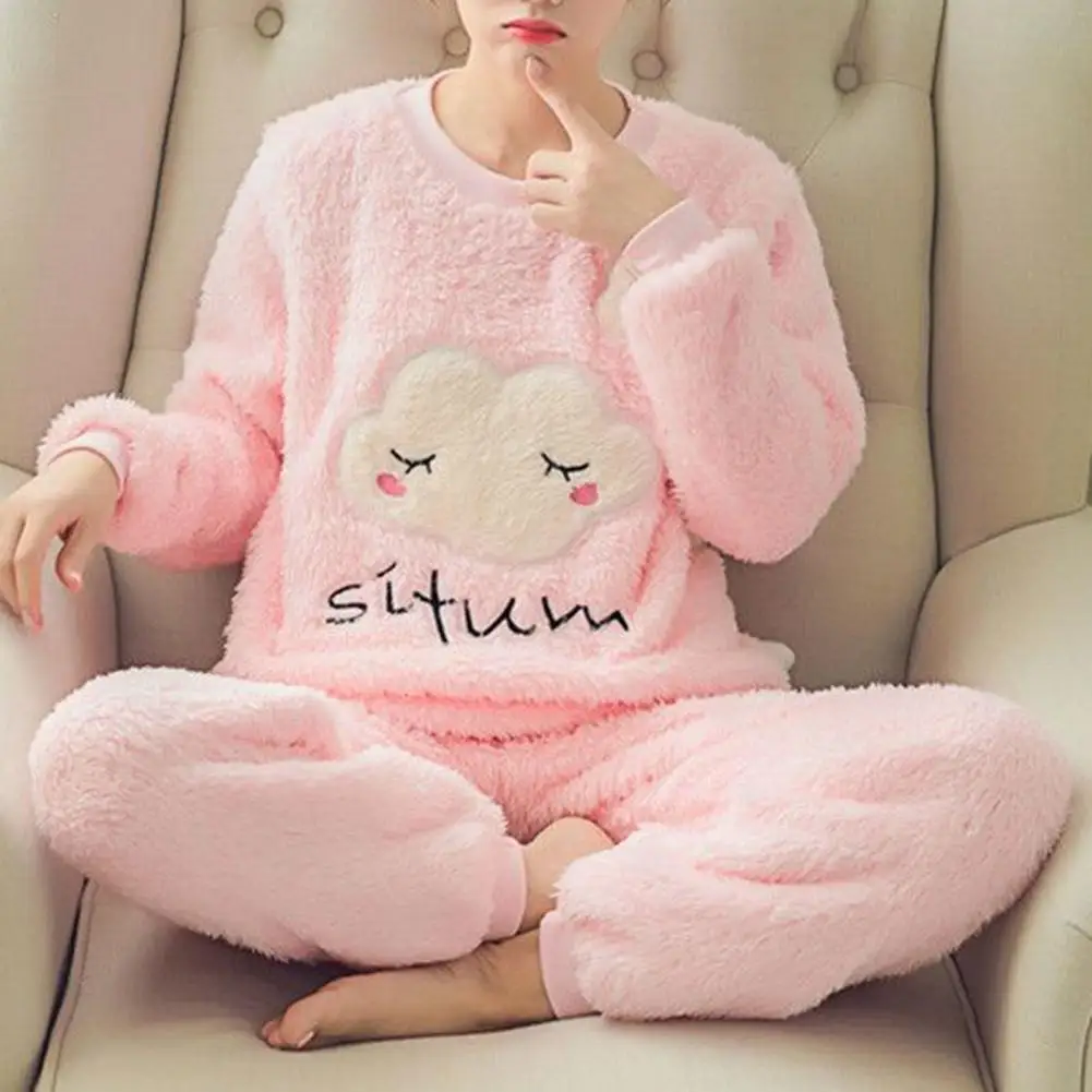 2 Pcs/Set Striped Women Pajamas Set Winter Coral Fleece Soft Suit Color Matching Cartoon Print Thickened Homewear Top Pants Set