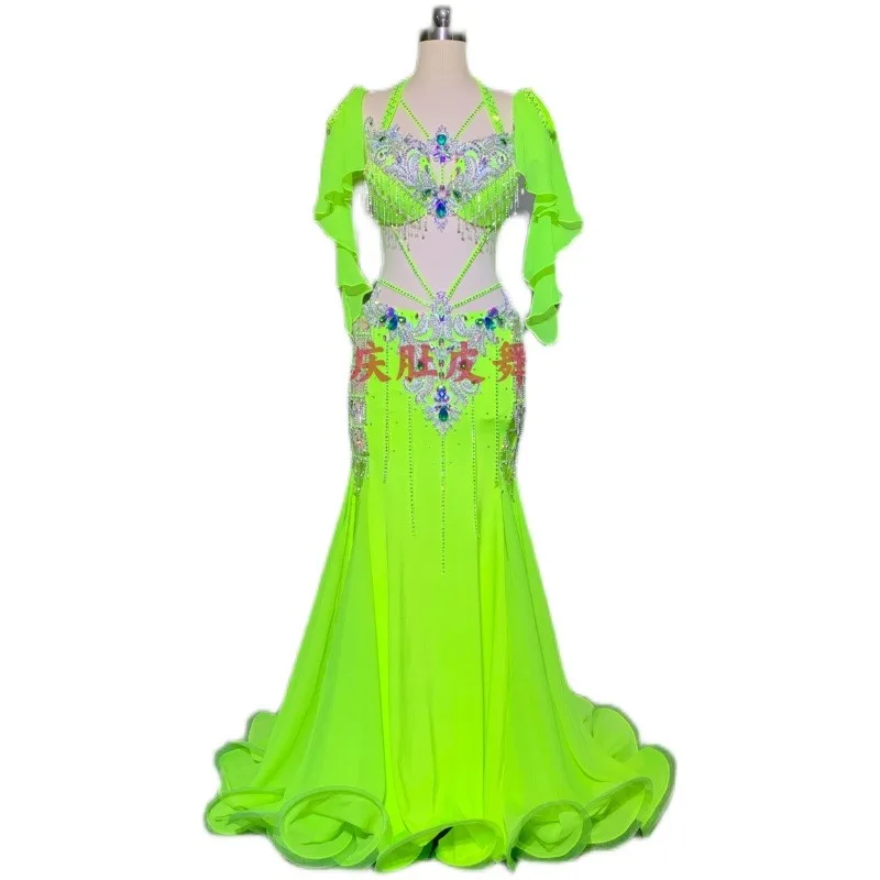 Traje de performance de dança do ventre feminino personalizado cintura alta sexy oco para fora saia grande uniforme de competição de equipe sutiã de dança do ventre