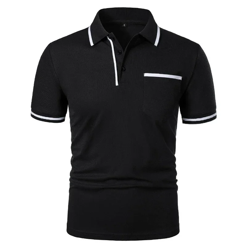 Summer Men's Short Sleeve Breathable T Shirts Solid Color Lightweight Polo Shirt Trendy Loose Basic Splice Top with Pockets