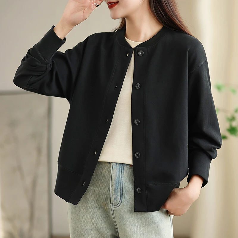 봄 가을 신상 심플하고 세련된 루즈핏 순면 롱 슬리브 스웨트셔츠 컬러 버튼 재킷 여성용