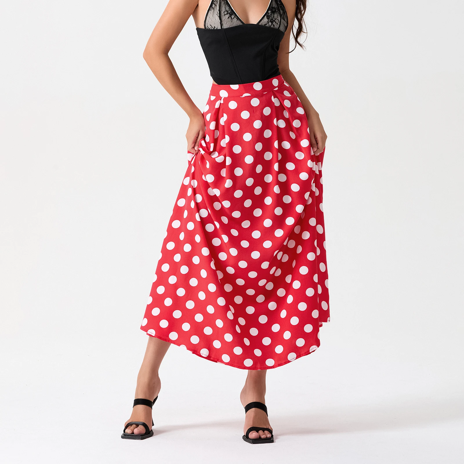 Women's Summer A-line Skirt Dot Print Flowy Hem High Waist Long Skirt Vintage Fashion Skirts,for Travel, Beach, Shopping