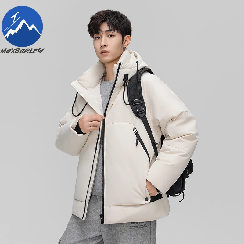 Maxbarley Short Down Jacket Men White Duck Down Hiking Thickened Warm Parka Outdoor Climbing Cold Resistant Hooded Puffer Jacket