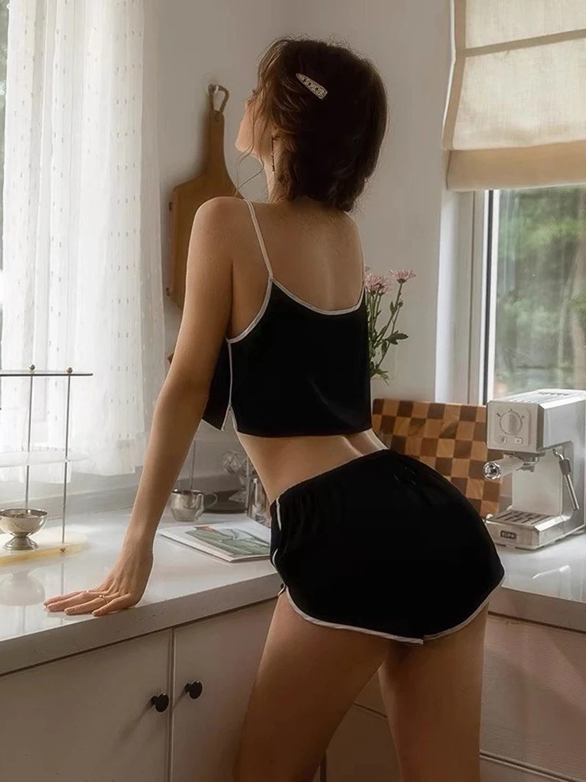 Marthaiqiq Home Clothes Female Spaghetti Strap Sleepwear Tank Tops Pajama Crop Top Nightgowns Shorts Casual Women Nightwear Suit