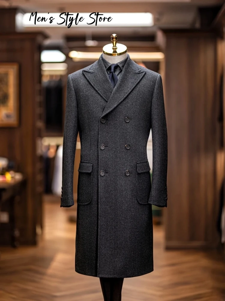 Outono inverno moda chesterfield casaco masculino espinha de peixe tweed duplo breasted meados de comprimento terno quente jaqueta mistura de lã casaco