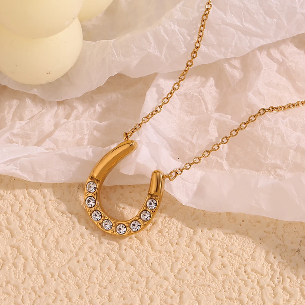 MamacitaSlay 18K Gold Plated Sparkling Horseshoe U-shaped Pendant O-chain Women\'s Stainless Steel Necklace Jewelry On The Neck
