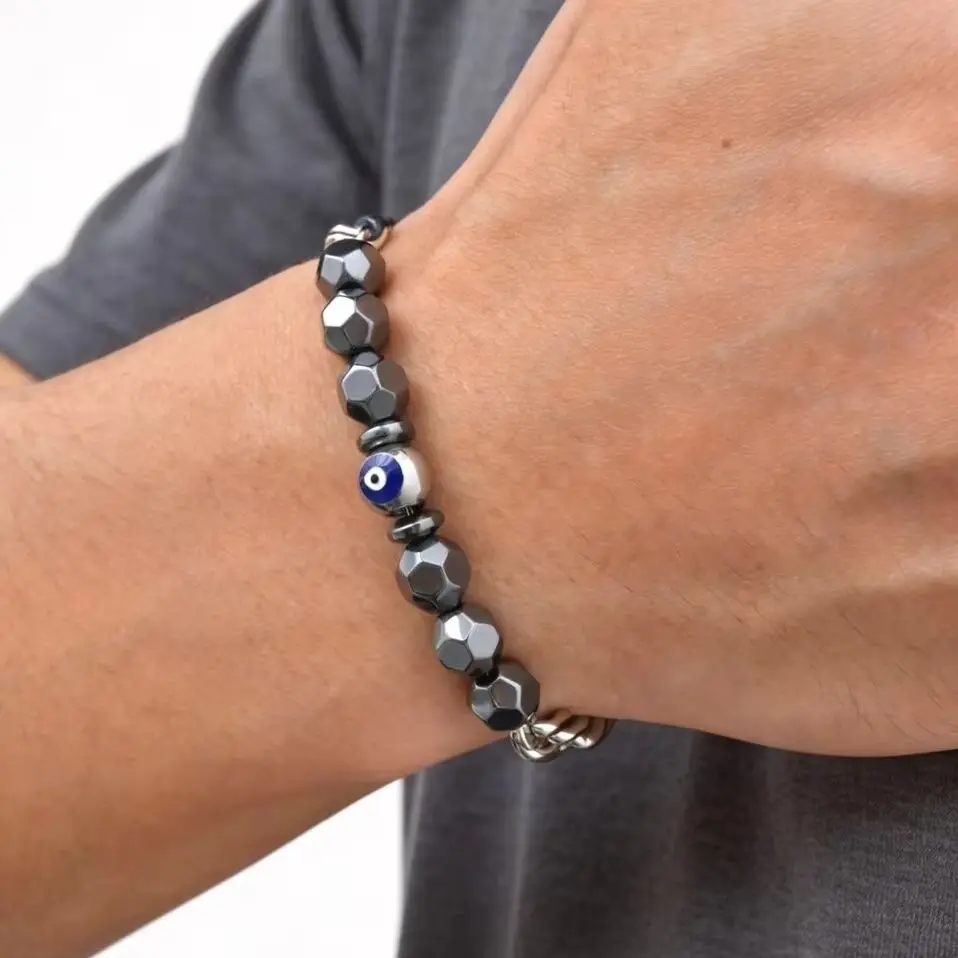 Evil Eye Healing Chain Bracelet for Men,Stainless Steel Protection Absorb Negative Natural Hematite Beaded Bracelet Jewelry
