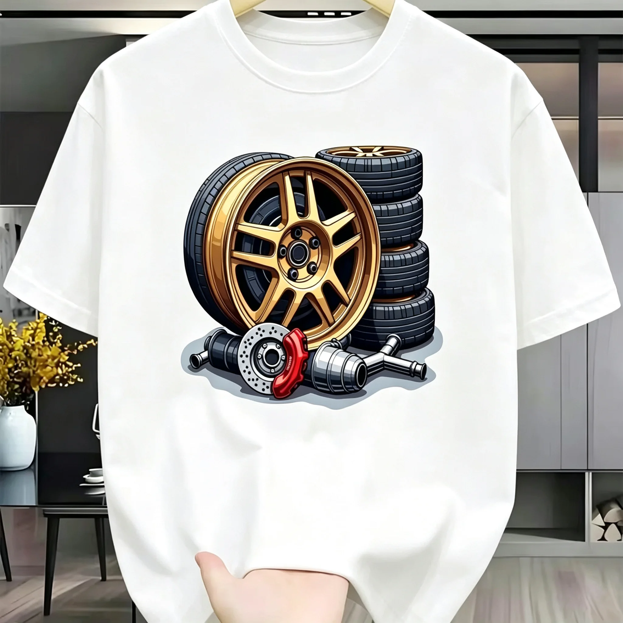 2026 Car Modification Parts Graphic T‑Shirt For Kids Adults Retro Racing Wheel Turbo Loose Fit Short Sleeve Street Casual Tee