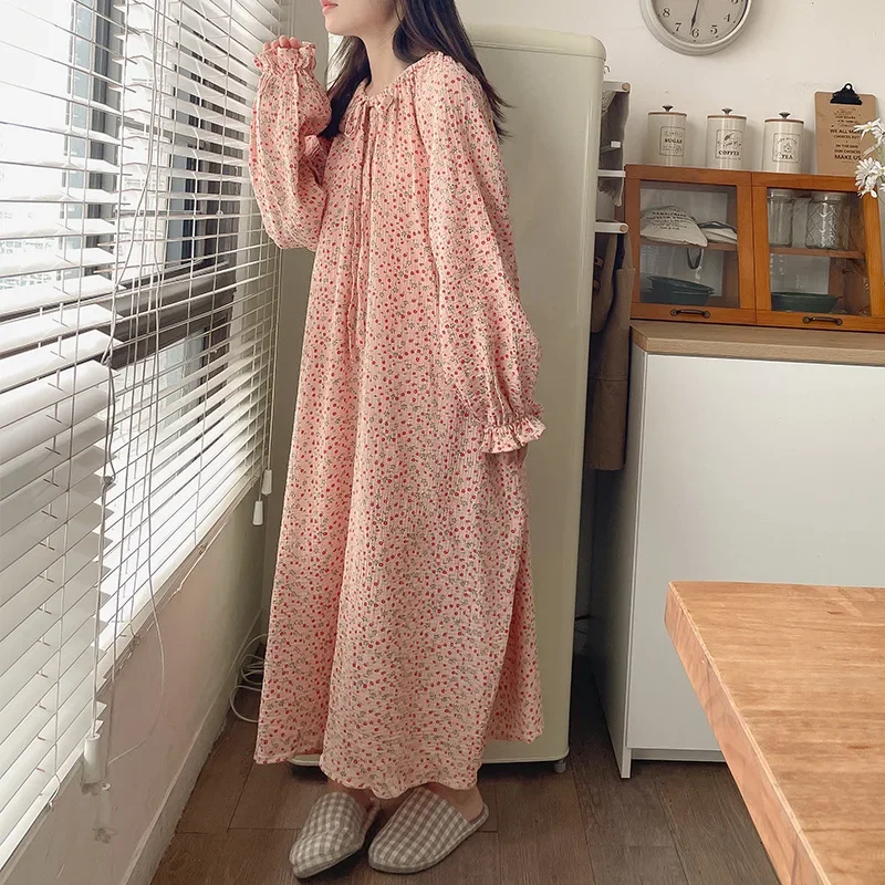 Korean 100% Cotton Women Dress Floral Casual Long-Sleeved Bandage Tie Up Oversized Loose Soft Comfortable Home Clothes Outside