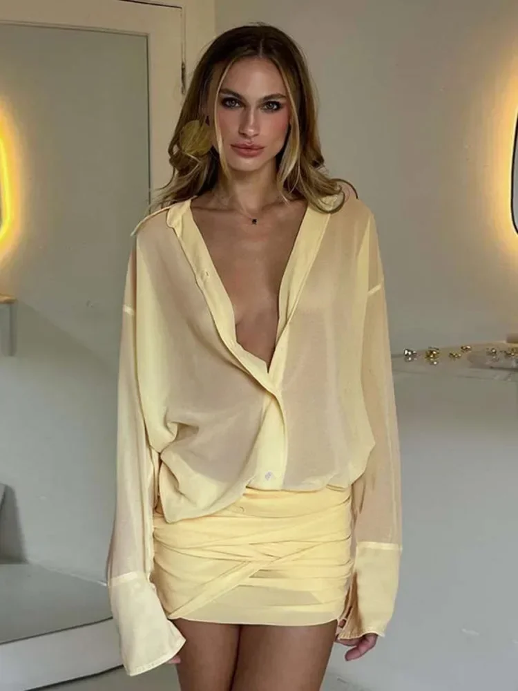 Robe chemise Sexy à manches longues pour femmes, sac à col rabattu, bretelles aux hanches, transparente, Patchwork, taille haute, Streetwear