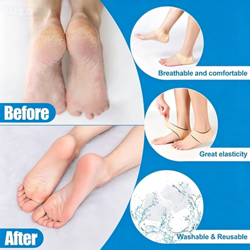 2Pairs Silicone Heel Protector Socks Woman Man Heel Spurs Dry Cracked Plantar Fasciitis Pain Relief Breathable Gel Heel Pads view 3
