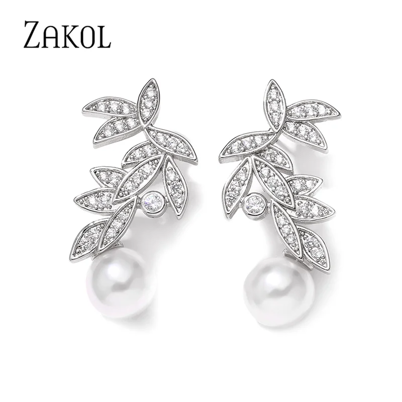 ZAKOL Delicate Gold Color Leaf Zircon Drop Earrings for Women Fashion Imitation Pearl Earring Bridal Wedding Jewelry EP1079